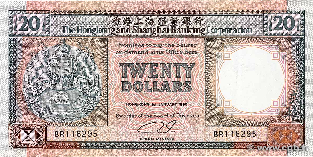 20 Dollars HONGKONG  1990 P.197a fVZ