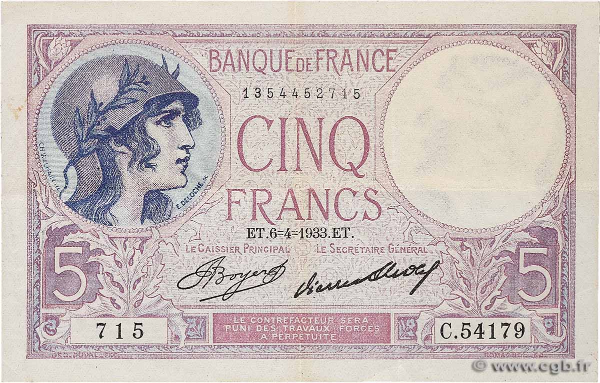 5 Francs FEMME CASQUÉE FRANKREICH  1933 F.03.17 fVZ