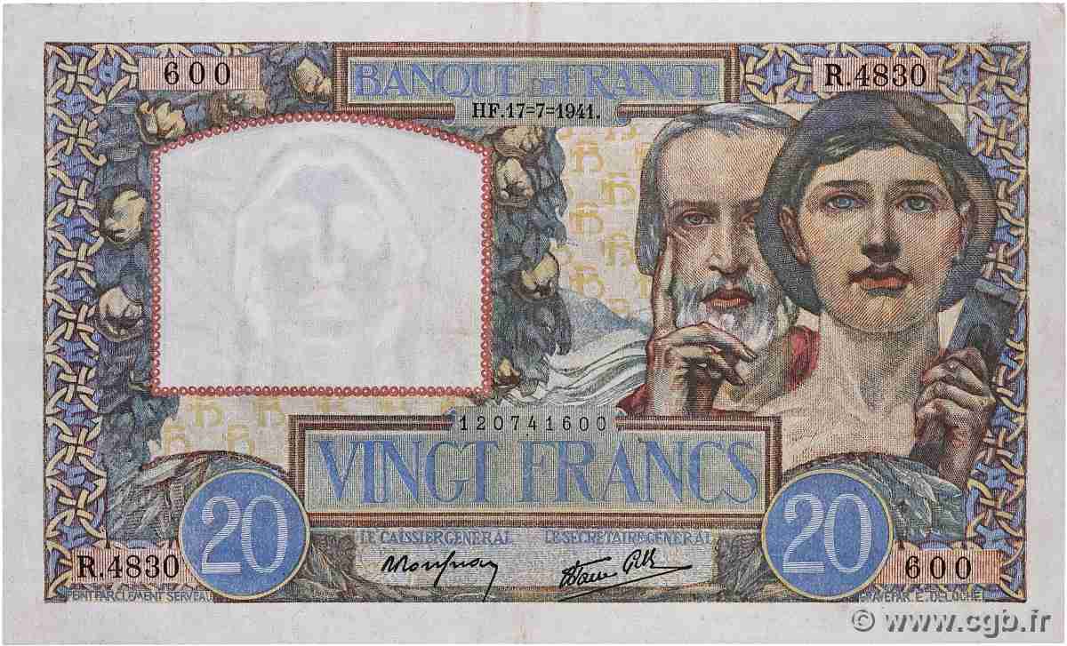 20 Francs TRAVAIL ET SCIENCE FRANCE  1941 F.12.16 VF+