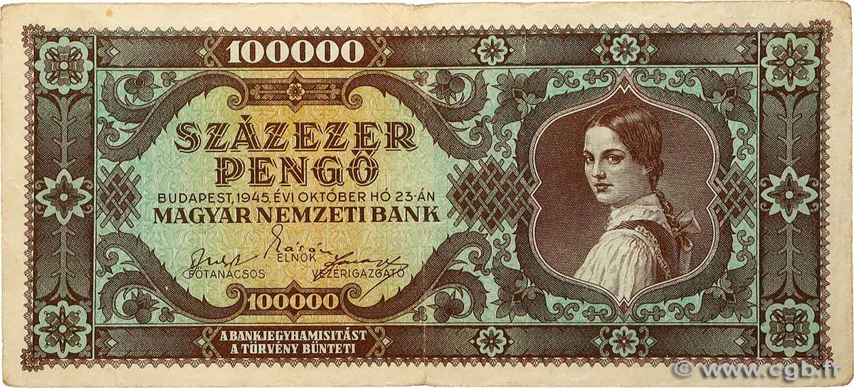 100000 Pengo HUNGARY  1945 P.121a VF-
