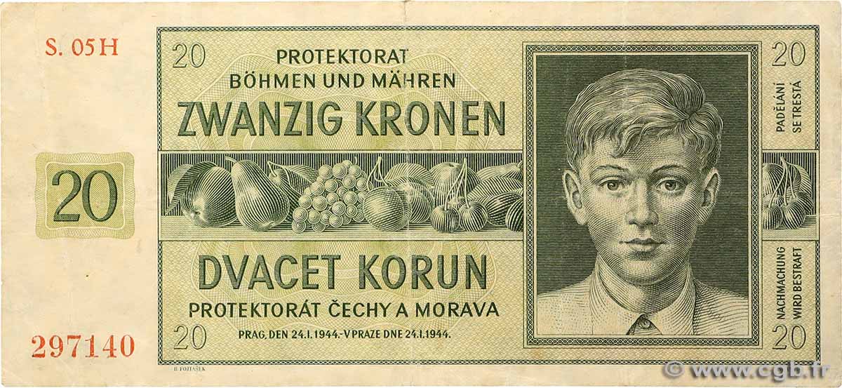20 Korun BOHÊME ET MORAVIE  1944 P.09a TB