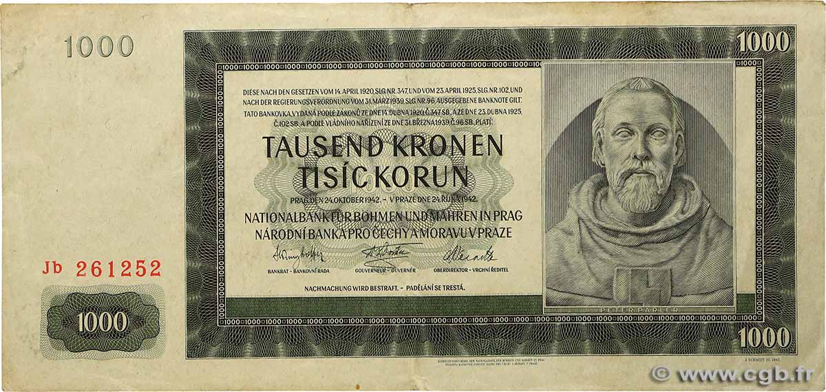1000 Korun BOHÊME ET MORAVIE  1942 P.14a TTB+