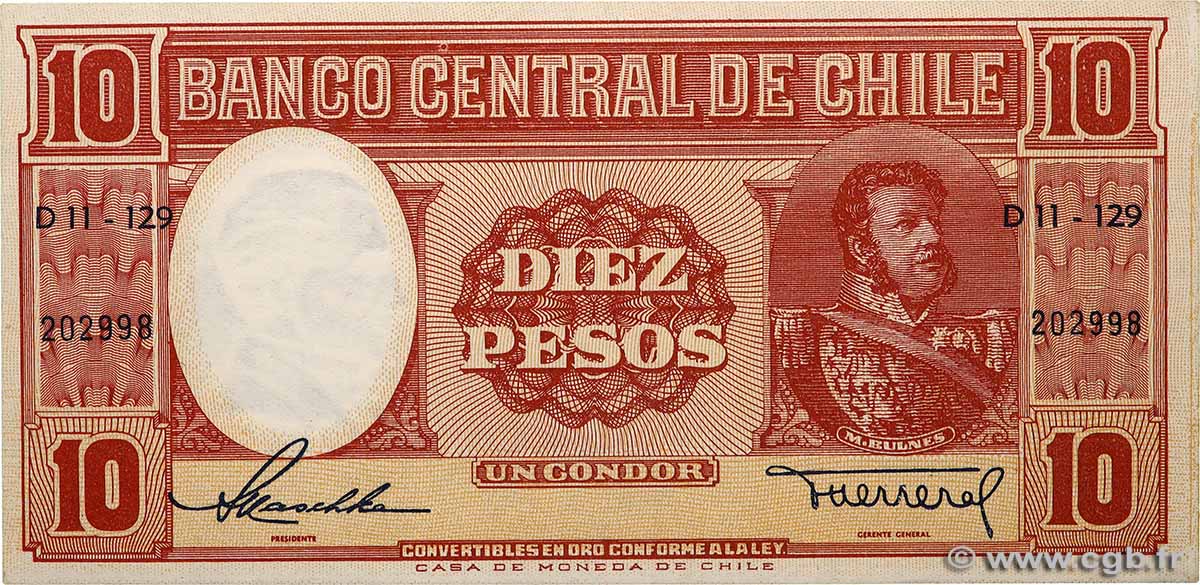 10 Pesos - 1 Condor CHILE  1958 P.120 ST