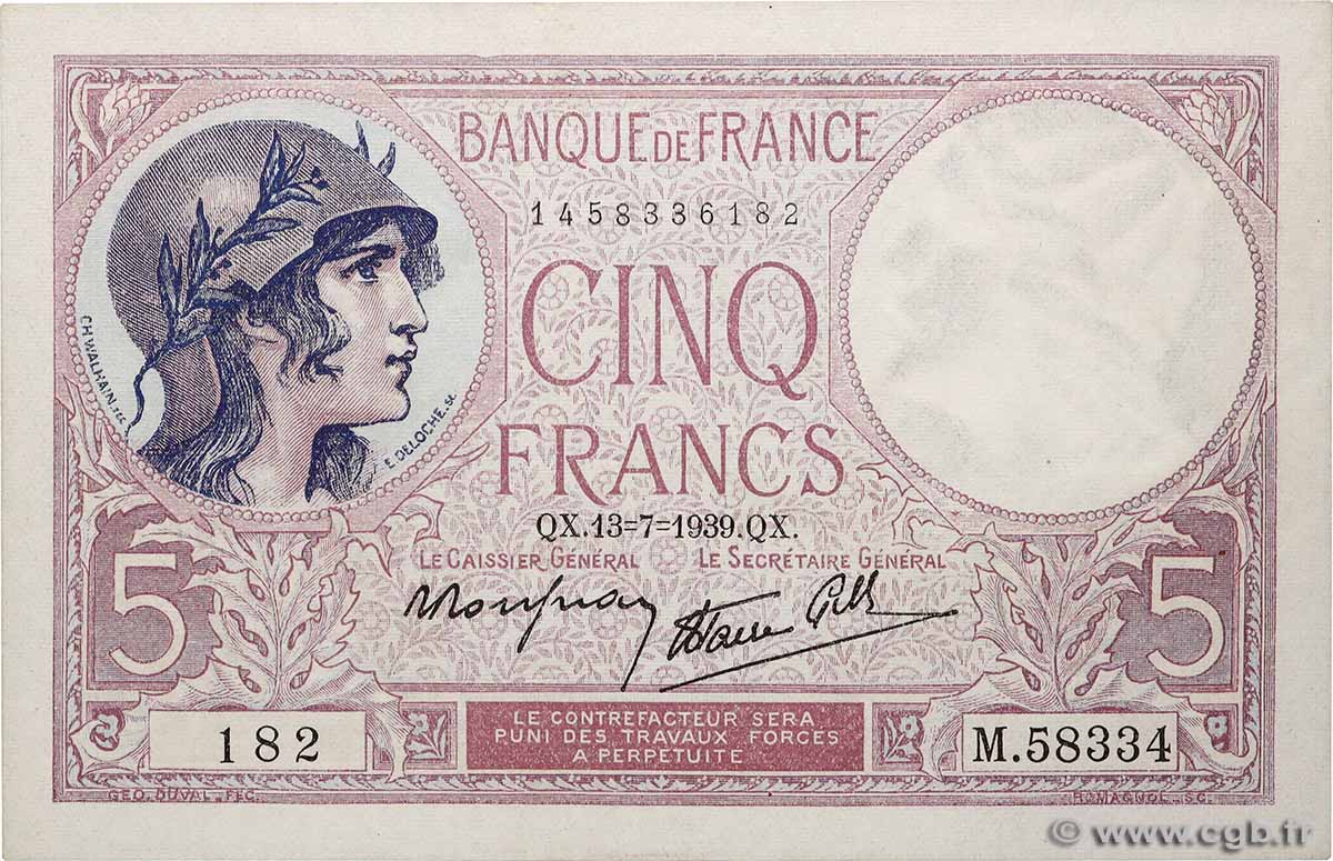 5 Francs FEMME CASQUÉE modifié FRANCE  1939 F.04.01 SUP