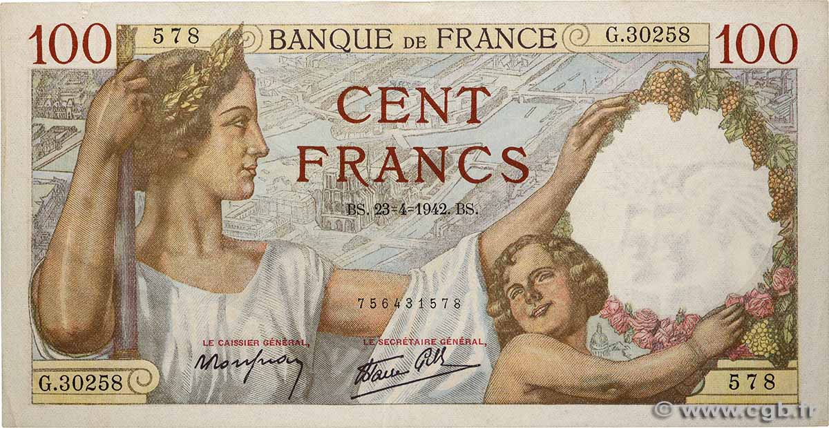 100 Francs SULLY FRANCE  1942 F.26.70 VF+