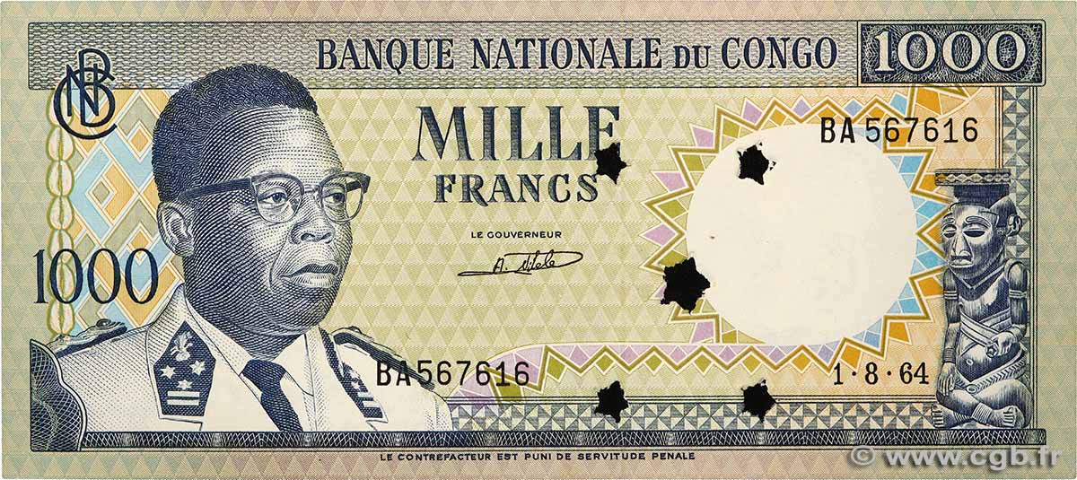 1000 Francs Annulé REPUBBLICA DEMOCRATICA DEL CONGO  1964 P.008a q.FDC