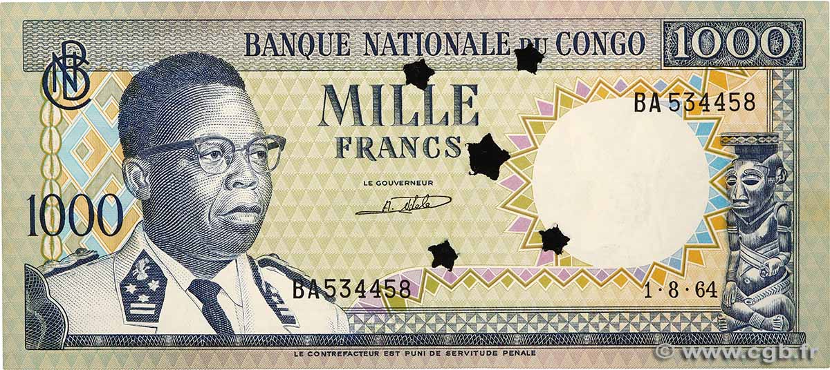 1000 Francs Annulé REPúBLICA DEMOCRáTICA DEL CONGO  1964 P.008a SC+