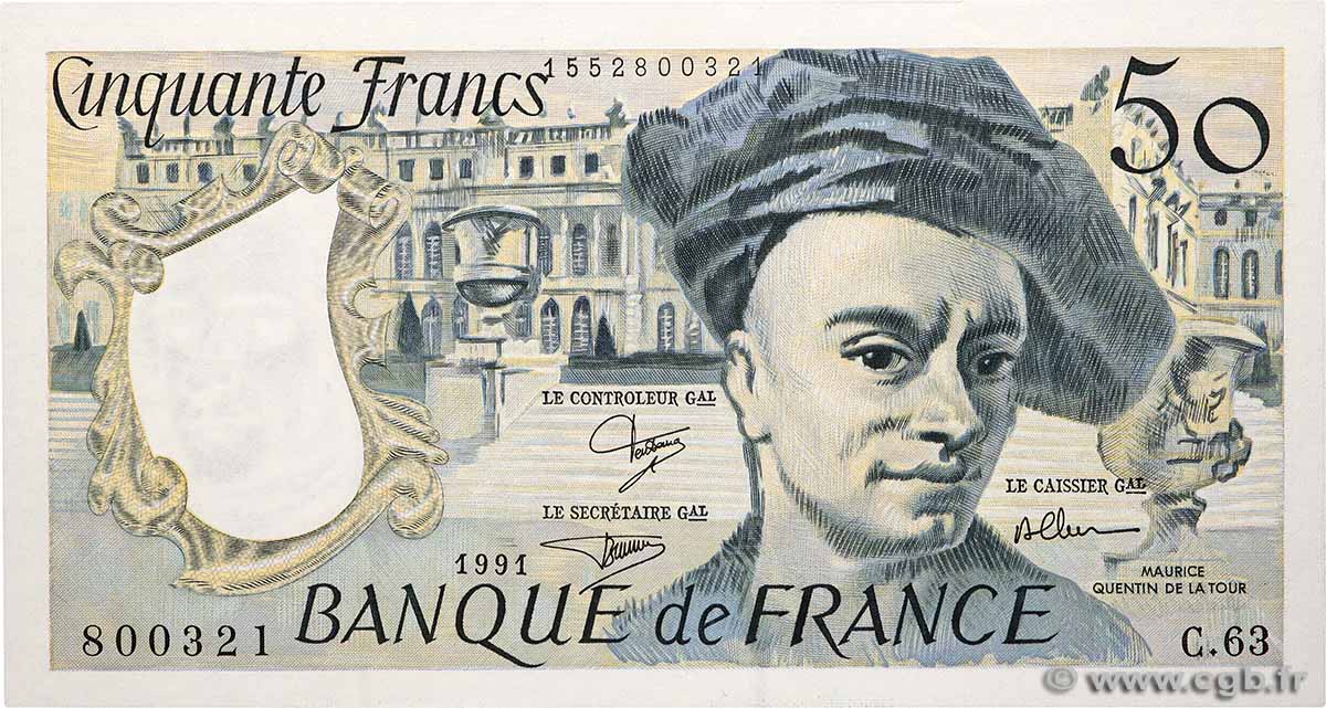 50 Francs QUENTIN DE LA TOUR FRANCIA  1991 F.67.17 q.FDC
