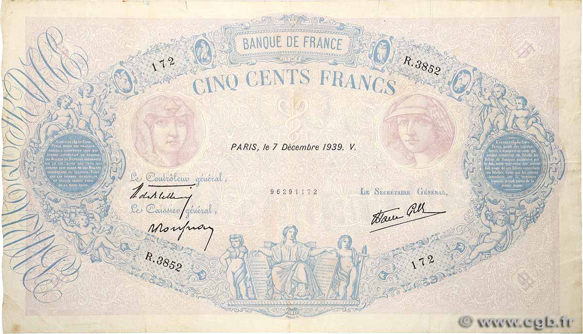 500 Francs BLEU ET ROSE modifié FRANKREICH  1939 F.31.51 fSS