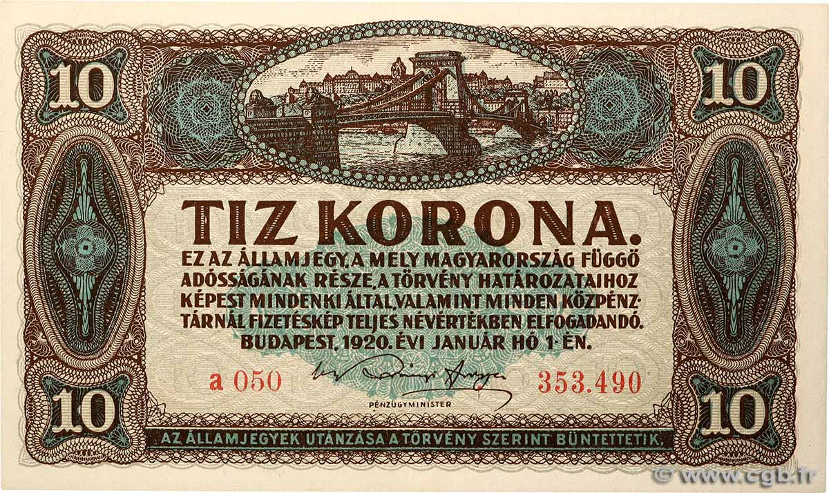 10 Korona HUNGARY  1920 P.060 XF+
