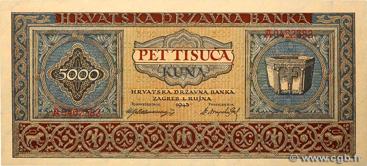 5000 Kuna CROATIE  1943 P.13a pr.NEUF