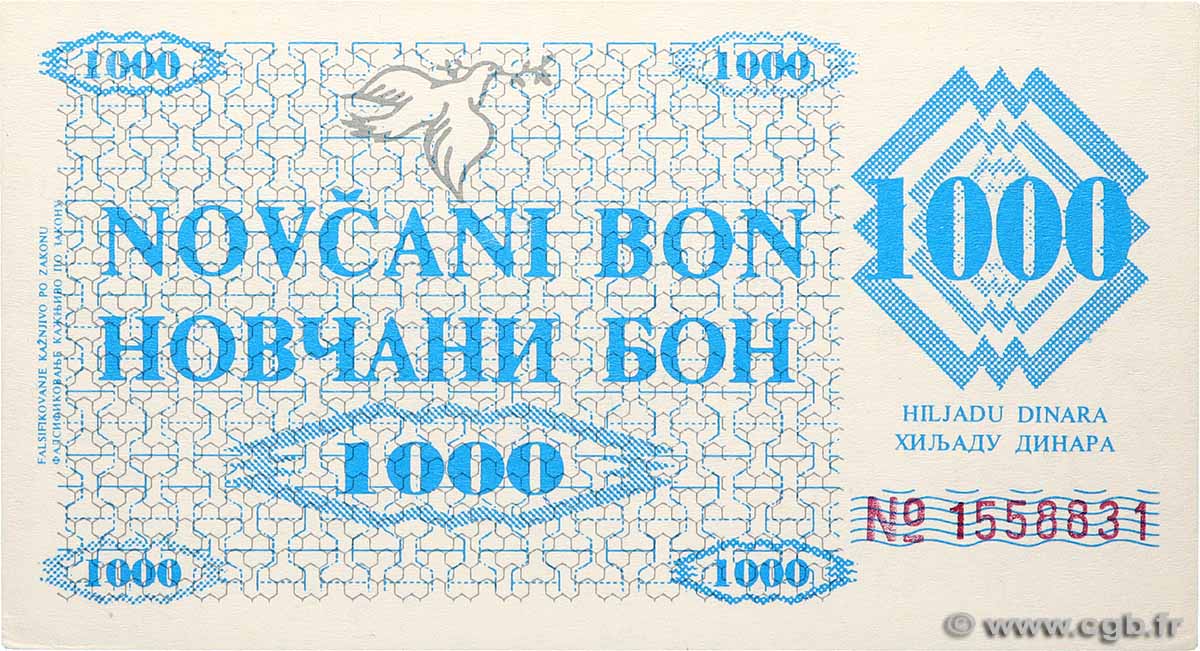1000 Dinara BOSNIE HERZÉGOVINE Zenica 1992 P.008h SPL+