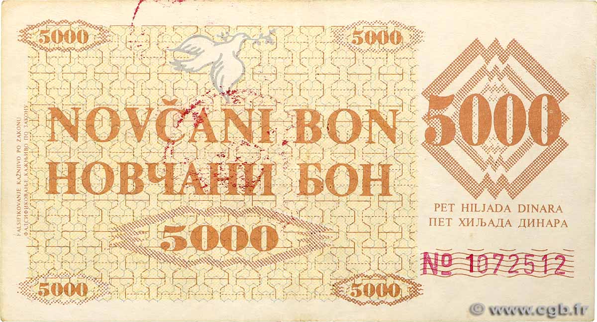 5000 Dinara BOSNIE HERZÉGOVINE Visoko 1992 P.009f2 TTB