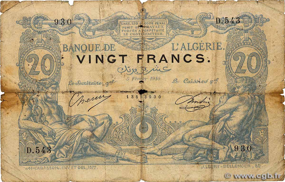 20 Francs ALGÉRIE  1910 P.072 pr.B
