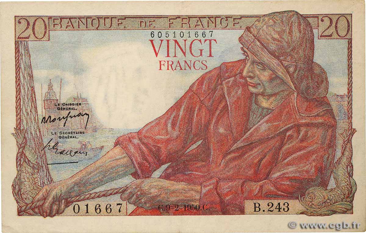 20 Francs PÊCHEUR FRANCE  1950 F.13.17 XF