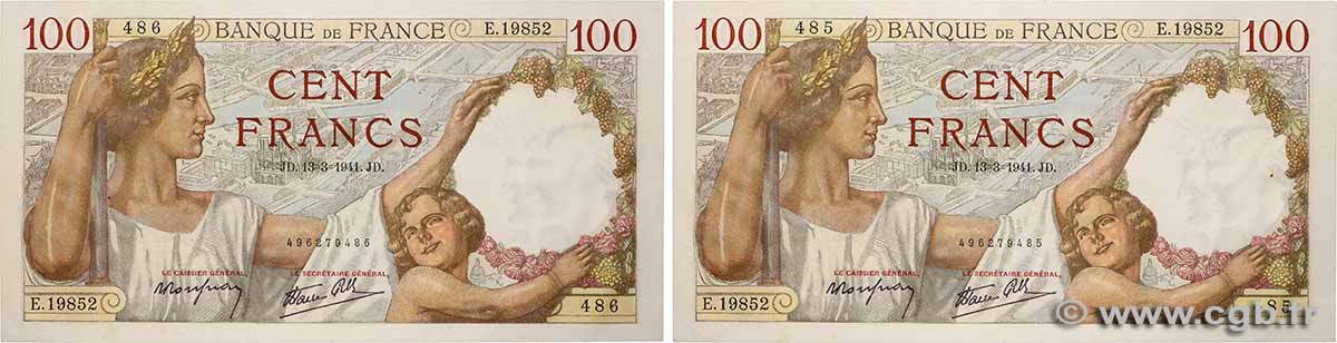 100 Francs SULLY Consécutifs FRANKREICH  1941 F.26.48 fST+