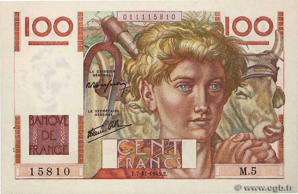 100 Francs JEUNE PAYSAN FRANKREICH  1945 F.28.01 fST