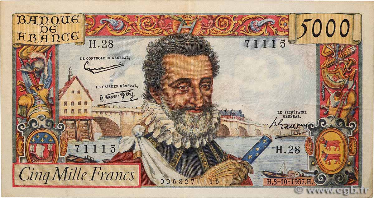 5000 Francs HENRI IV FRANCE  1957 F.49.03 pr.SUP