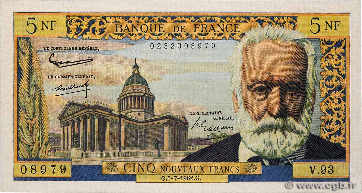 5 Nouveaux Francs VICTOR HUGO FRANCE  1962 F.56.12 SPL+