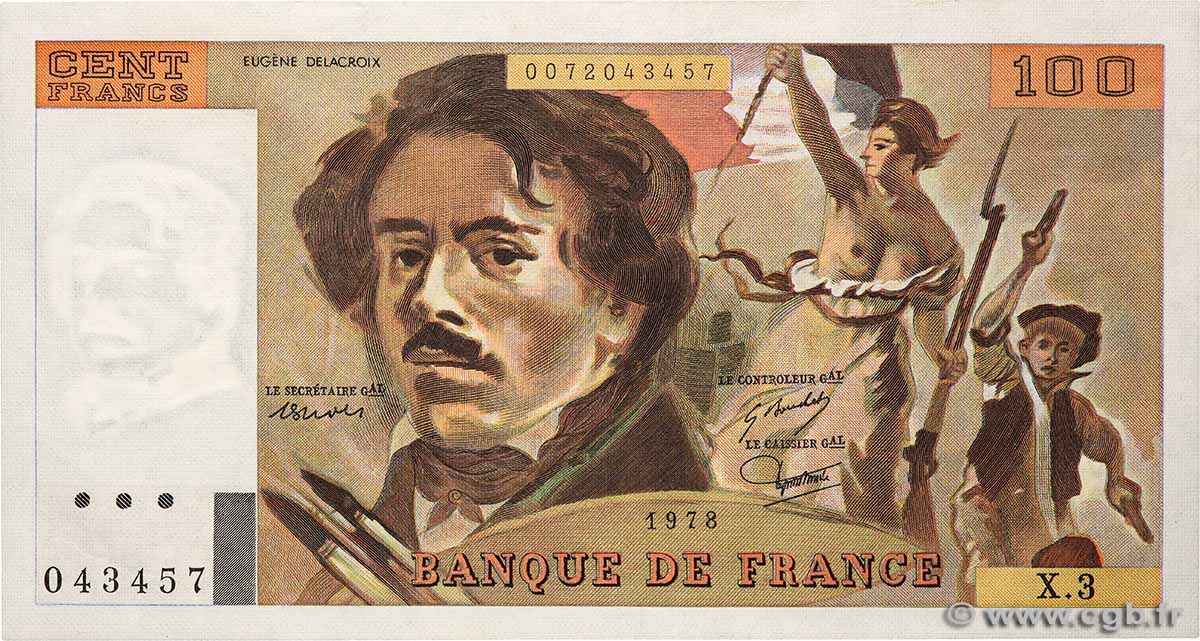 100 Francs DELACROIX FRANCE  1978 F.68.03 AU-