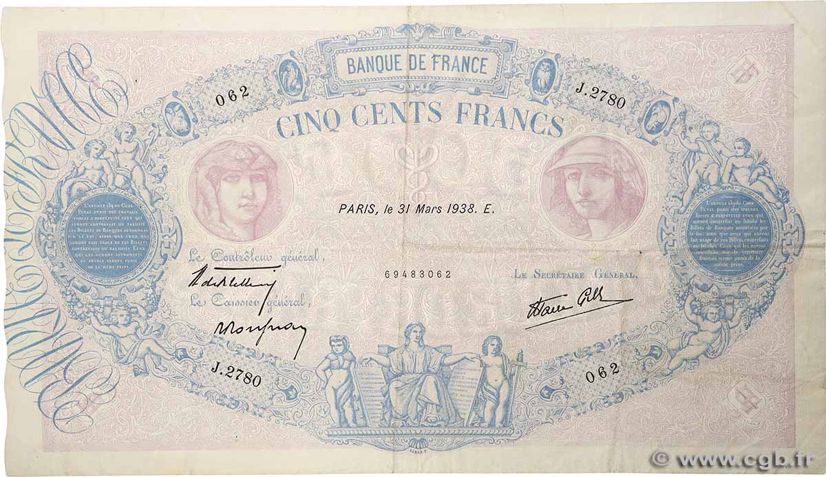500 Francs BLEU ET ROSE modifié FRANKREICH  1938 F.31.07 fVZ