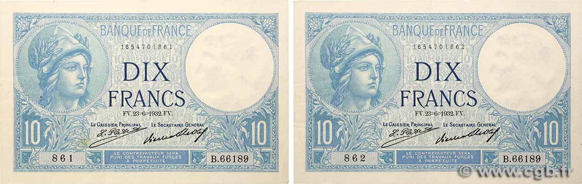 10 Francs MINERVE Consécutifs FRANKREICH  1932 F.06.16 VZ