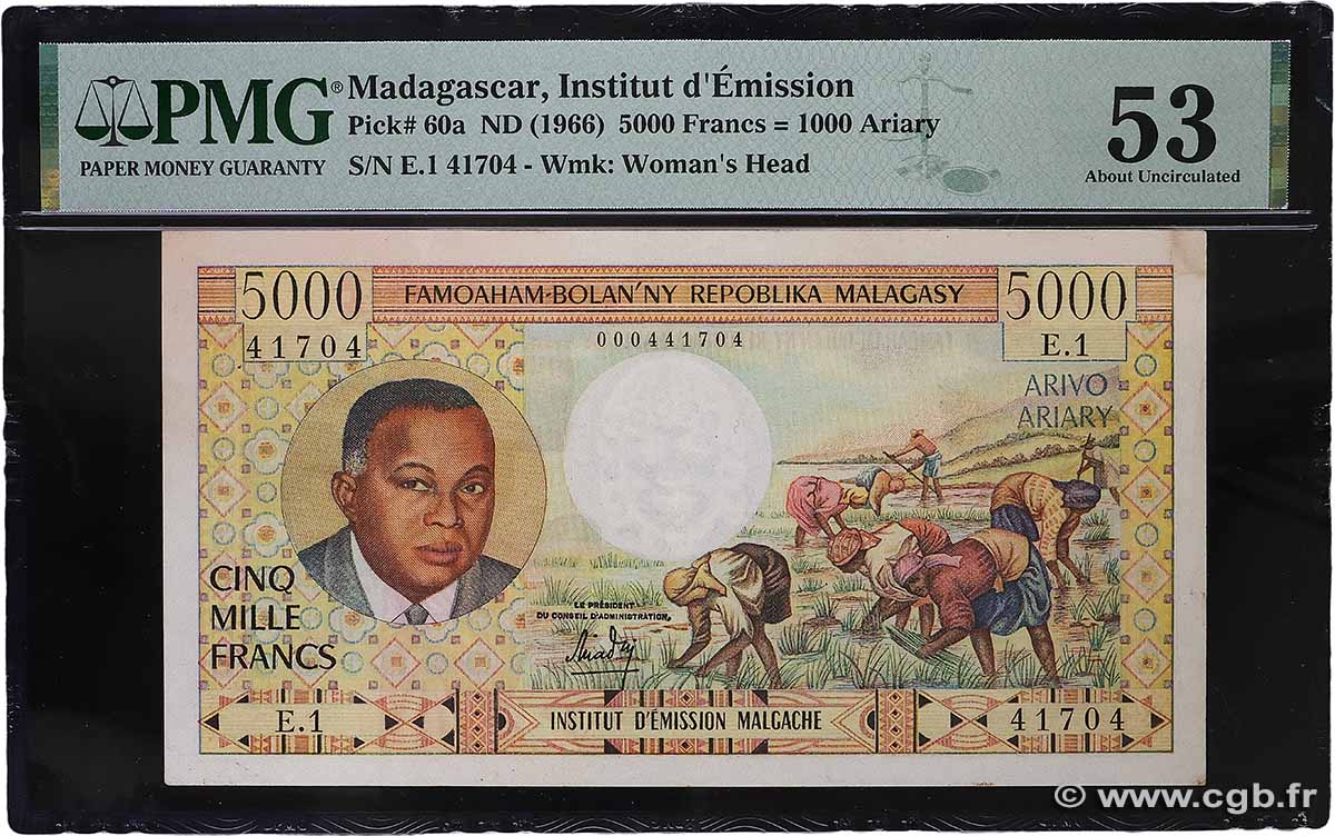 5000 Francs - 1000 Ariary MADAGASCAR  1966 P.060a SPL+