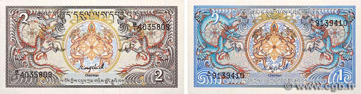 1 et 2 Ngultrum Lot BHUTáN  1986 P.12a FDC