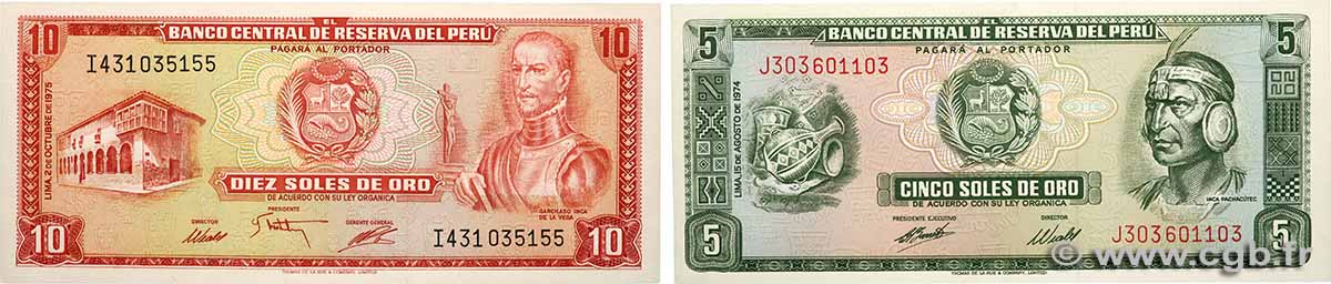 5 et 10 Pesos oro Lot PÉROU  1974 P.099c et P.106 pr.NEUF