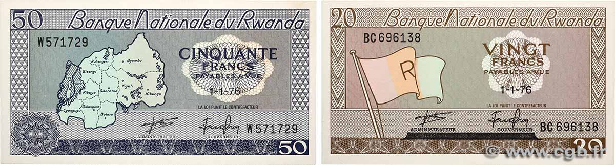 20 et 50 Francs Lot RUANDA  1976 P.06e et P.07c FDC