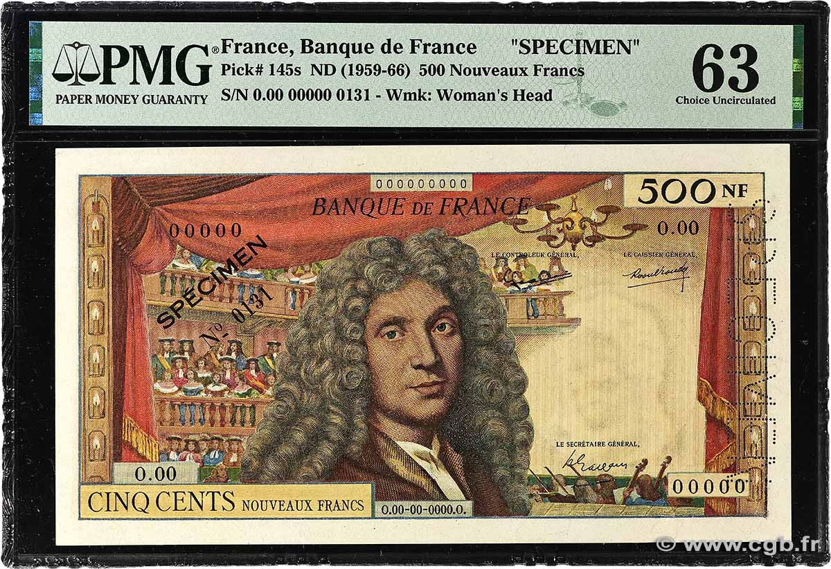 500 Nouveaux Francs MOLIÈRE Spécimen FRANCE  1959 F.60.01Spn UNC-
