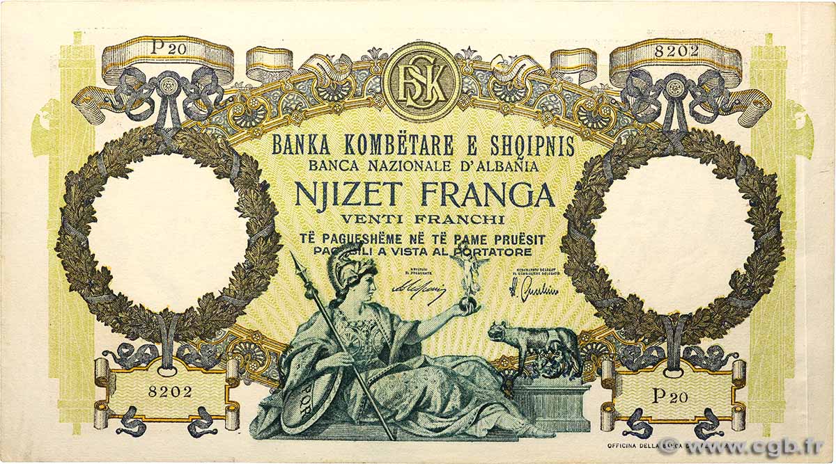 20 Franga ALBANIE  1939 P.07 SUP+