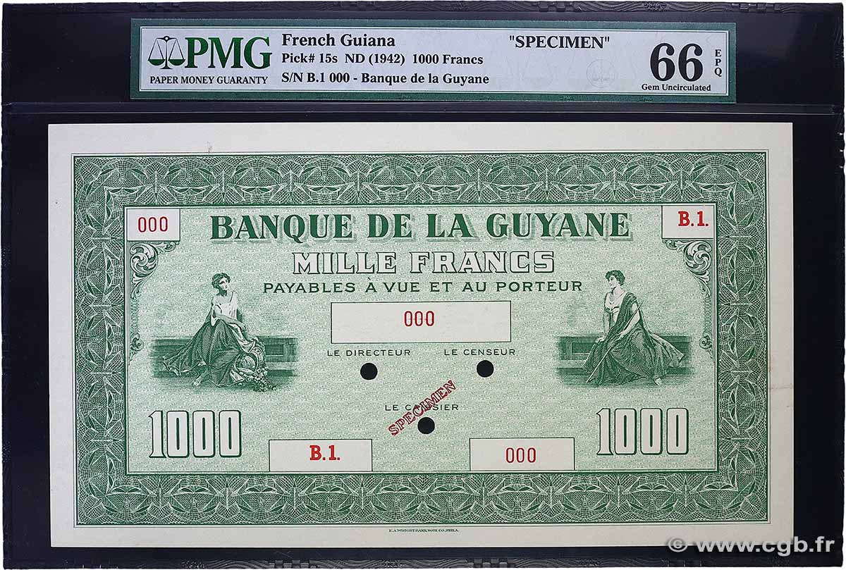 1000 Francs Spécimen FRENCH GUIANA  1942 P.15s FDC