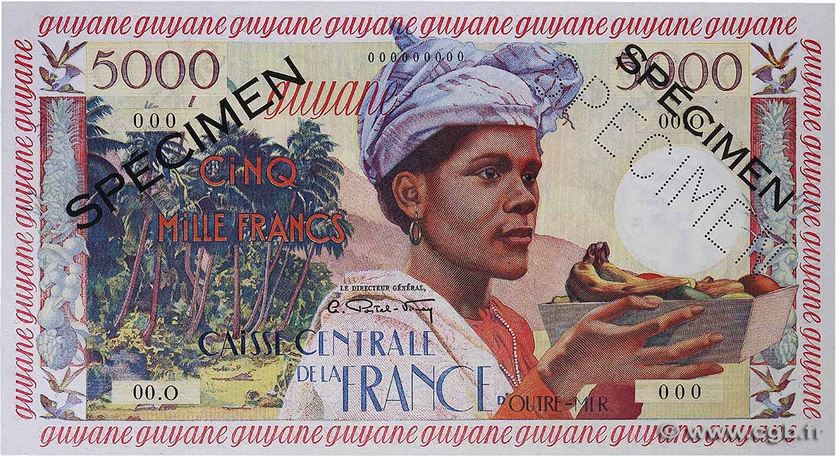 5000 Francs antillaise Spécimen FRENCH GUIANA  1960 P.28s UNC