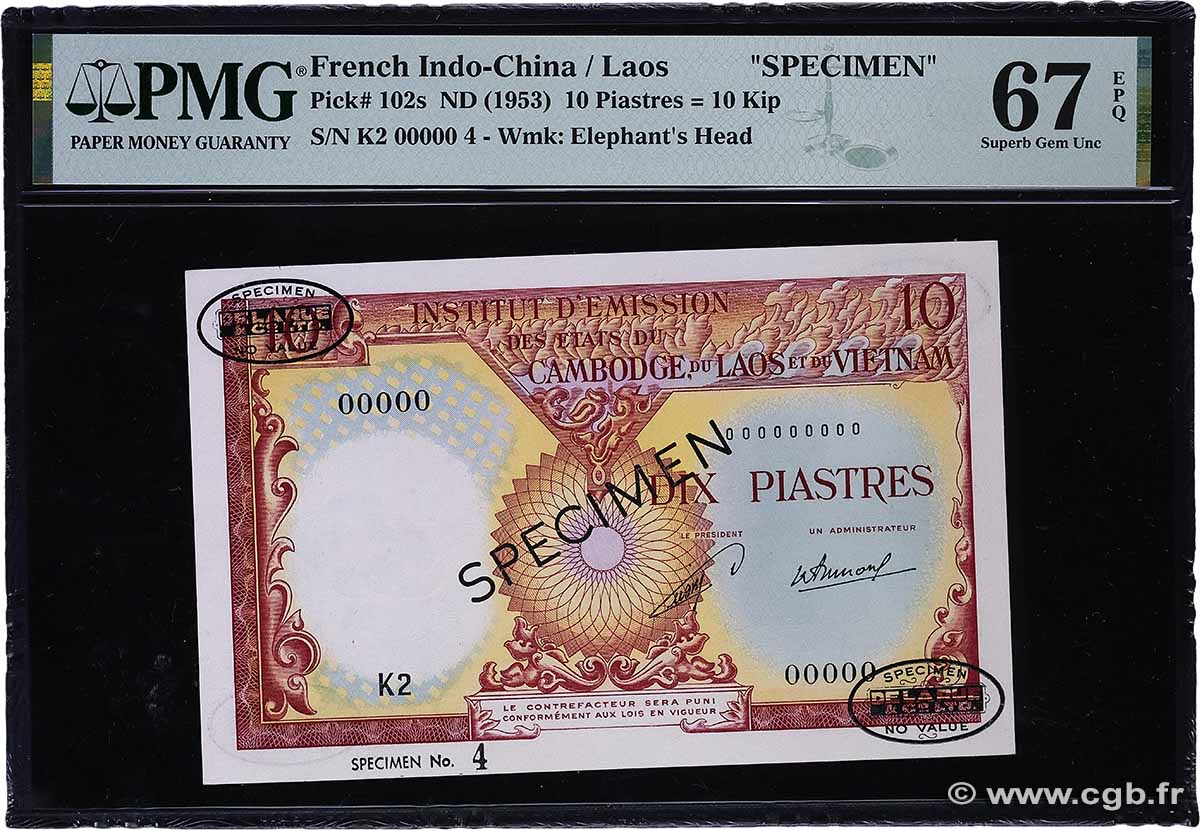 10 Piastres - 10 Kip Spécimen INDOCHINE FRANÇAISE  1953 P.102s NEUF