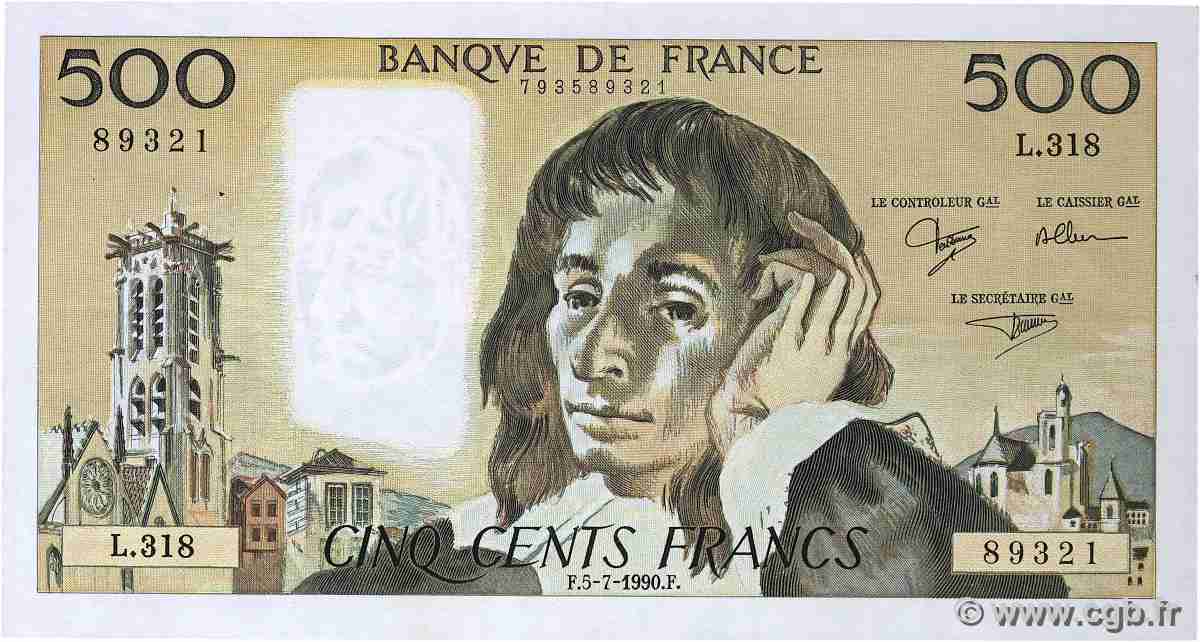 500 Francs PASCAL FRANKREICH  1990 F.71.44 fVZ
