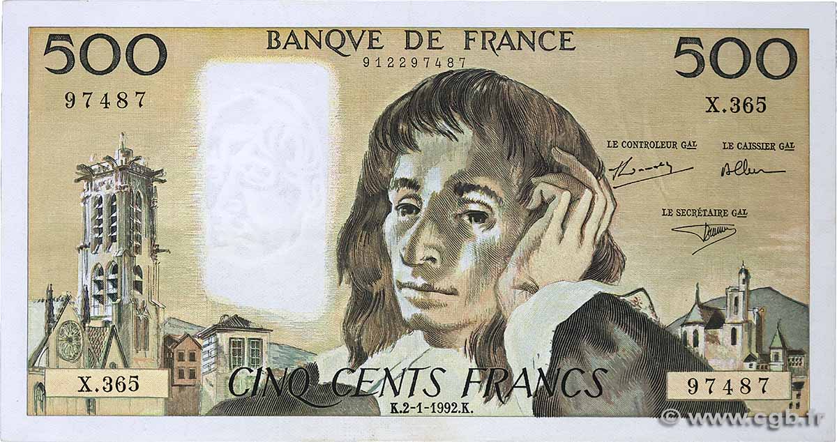 500 Francs PASCAL FRANKREICH  1992 F.71.49 fVZ