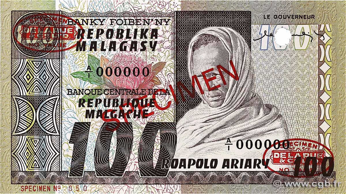 100 Francs - 20 Ariary Spécimen MADAGASCAR  1974 P.063s pr.NEUF