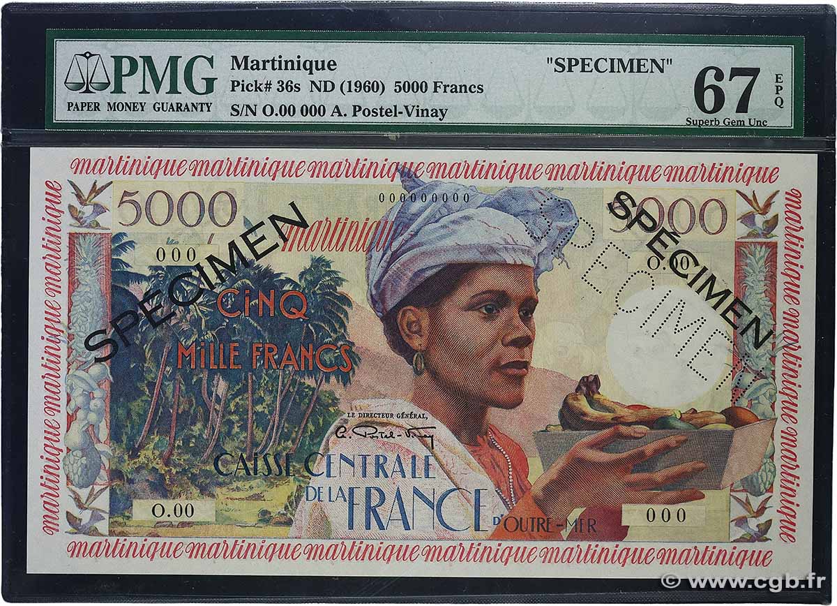 5000 Francs antillaise Spécimen MARTINIQUE  1955 P.36s FDC