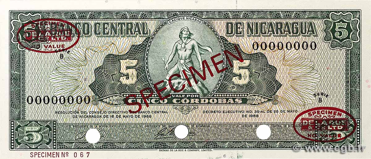 5 Cordobas Spécimen NICARAGUA  1968 P.116as pr.NEUF
