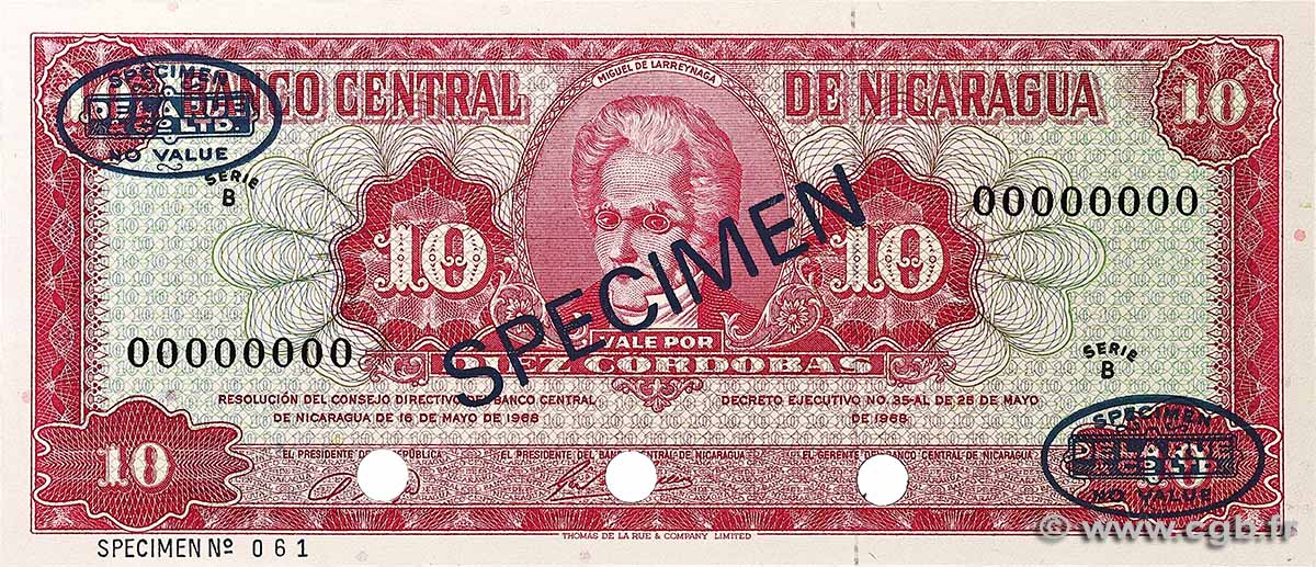 10 Cordobas Spécimen NICARAGUA  1968 P.117as NEUF