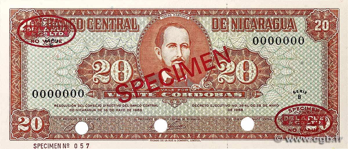 20 Cordobas Spécimen NIKARAGUA  1968 P.118as ST