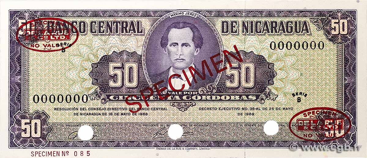 50 Cordobas Spécimen NICARAGUA  1968 P.119as NEUF