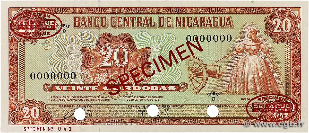 20 Cordobas Spécimen NICARAGUA  1972 P.124s pr.NEUF
