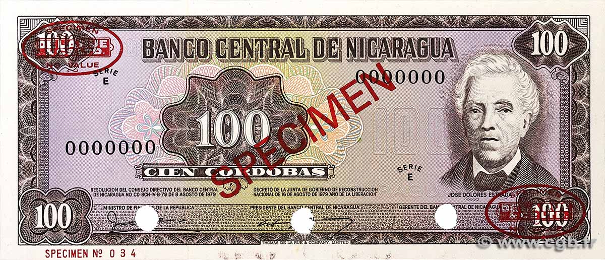 100 Cordobas Spécimen NICARAGUA  1979 P.132s pr.NEUF