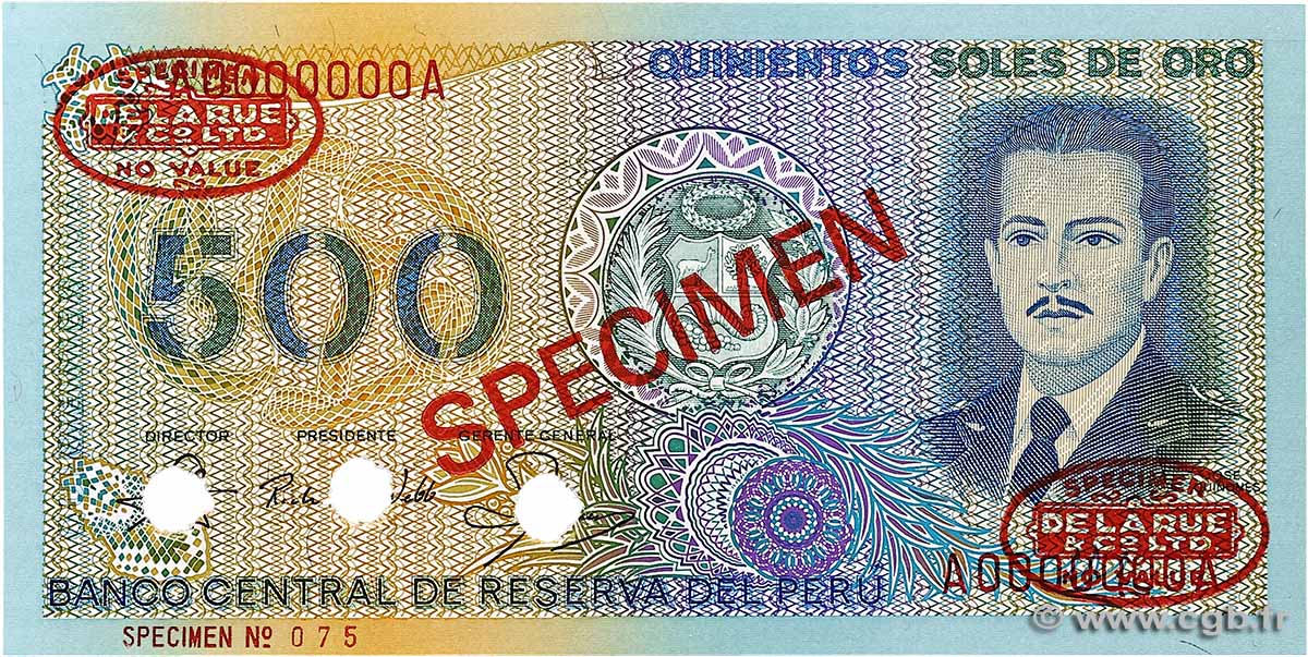 500 Soles de Oro Spécimen PERU  1982 P.125As UNC