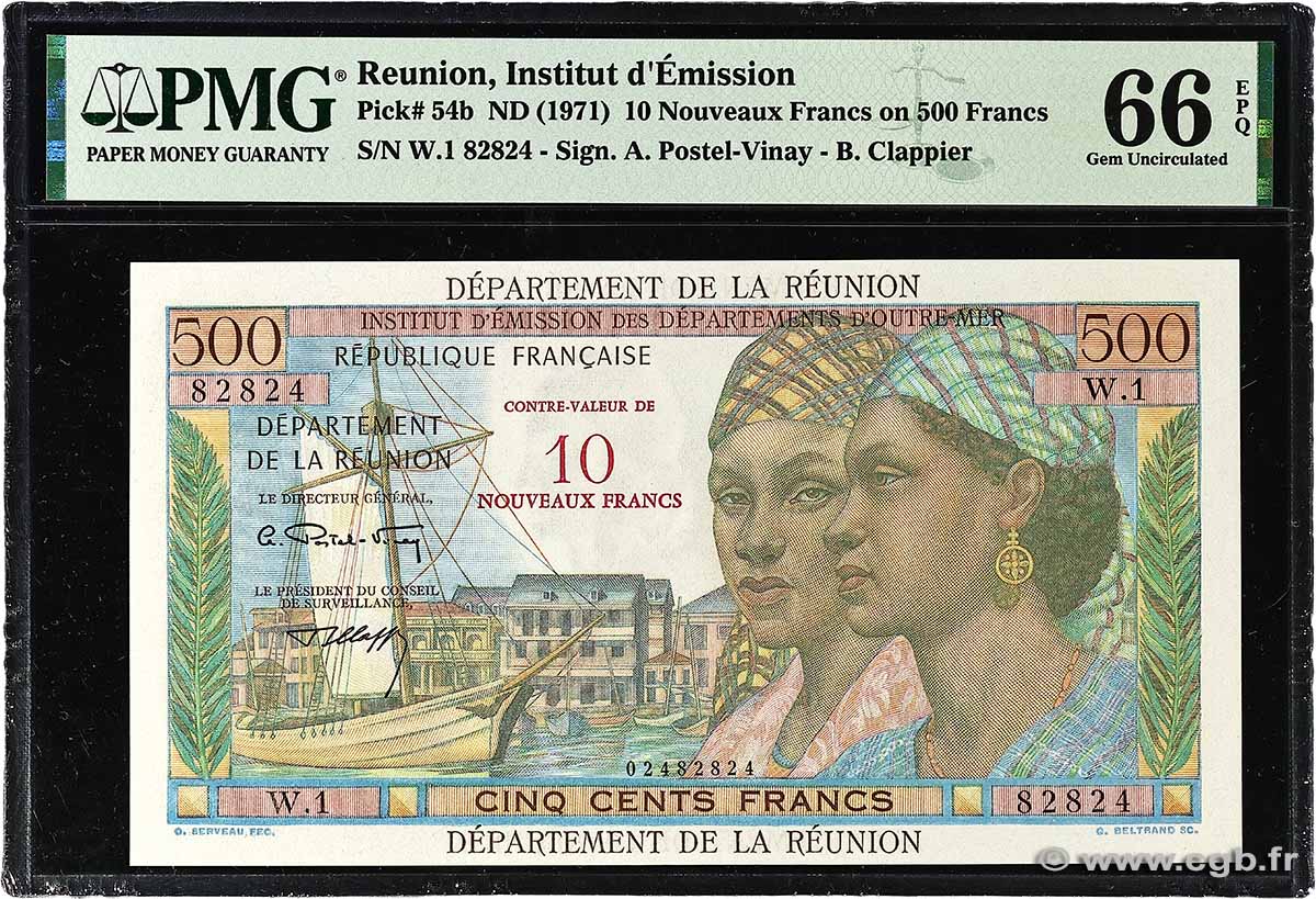 10 NF sur 500 Francs Pointe à Pitre ÎLE DE LA RÉUNION  1971 P.54b NEUF