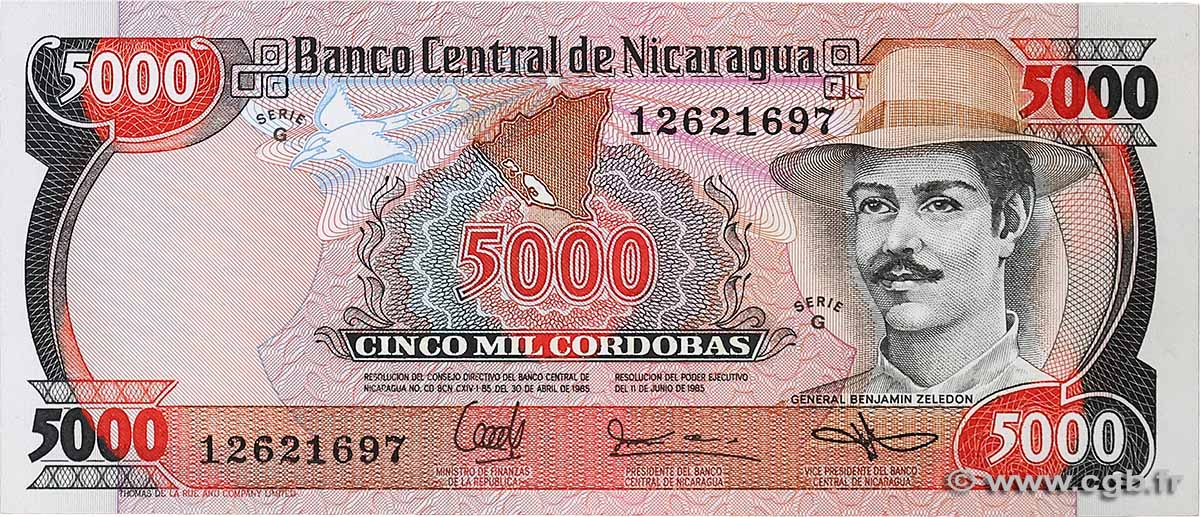 5000 Cordobas NICARAGUA  1987 P.146 SPL+