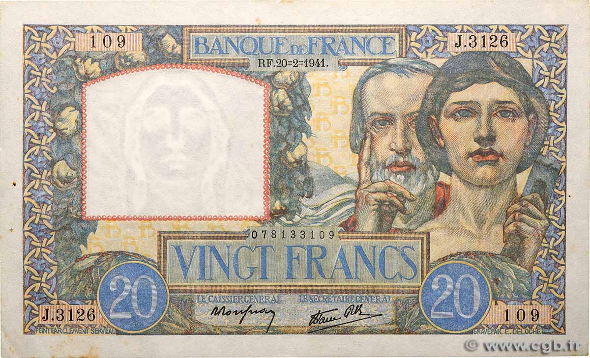 20 Francs TRAVAIL ET SCIENCE FRANCE  1941 F.12.12 XF-