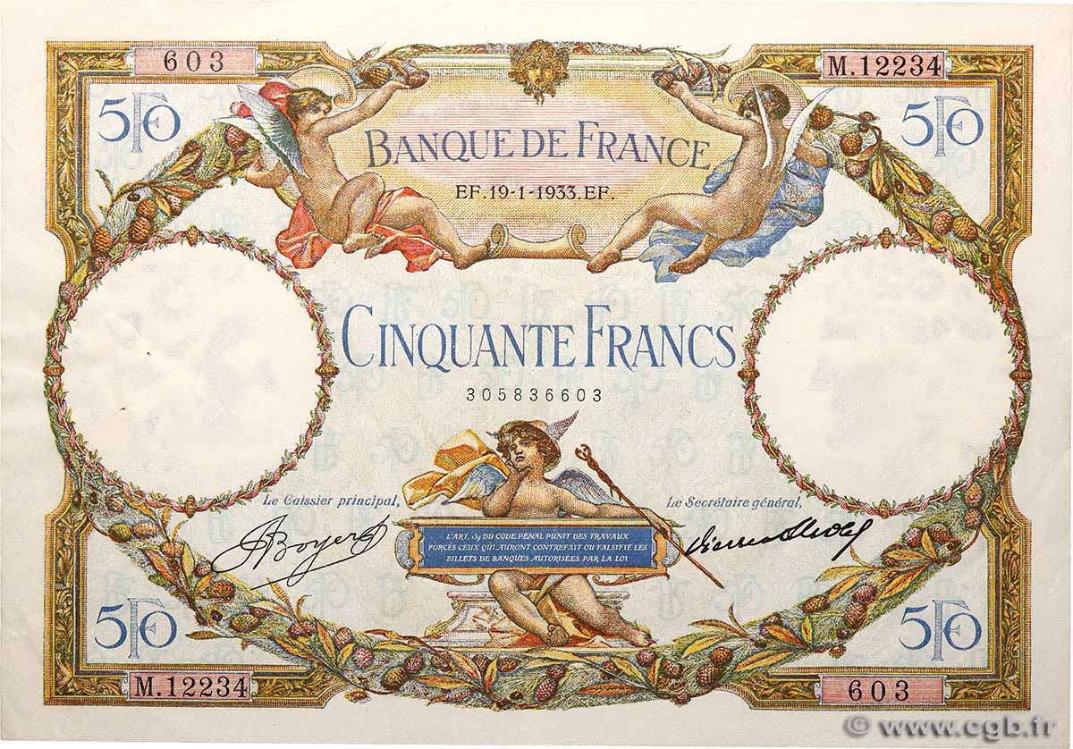 50 Francs LUC OLIVIER MERSON type modifié FRANKREICH  1933 F.16.04 fVZ